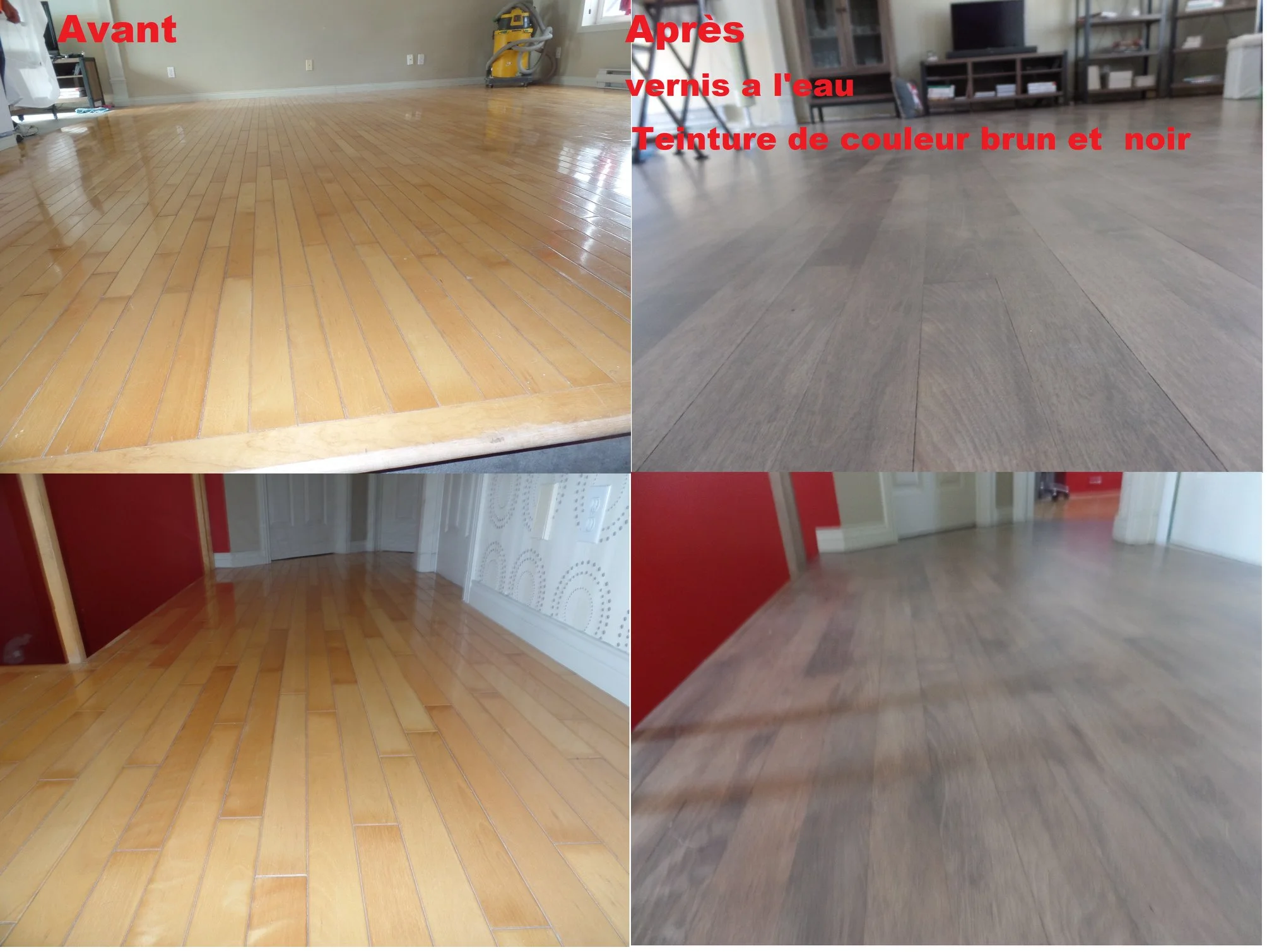 planchers bois vernis à l'eau avec teinture brun et noir type de bois du merisier .